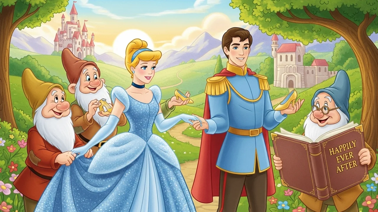 Masal Kitabı Külkedisi ve Prens, Pamuk Prenses'in Yedi Cüceleri ile birlikte pastoral bir manzarada duruyor. Karakterler cam ayakkabıyı ve üzerinde 'Happily Ever After' yazan bir kitabı tutuyorlar.
