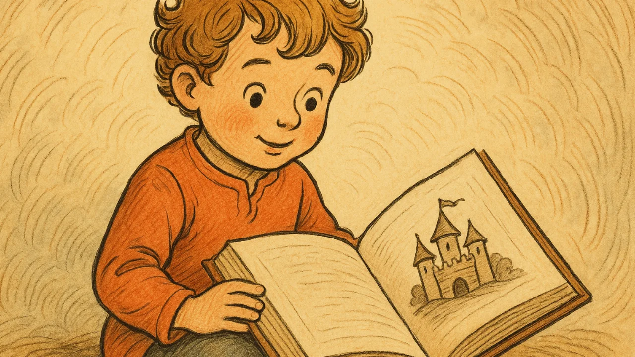 Masal Oku Kitap okuyan sevimli bir erkek çocuğunun nostaljik tarzda çizilmiş illüstrasyonu. Kıvırcık, kumral saçlı çocuk, kucağındaki masal kitabının sayfalarında yer alan bir kale resmine merakla bakıyor. Bu görsel, çocukların hayal gücünü, okuma alışkanlığını, hikaye anlatımının önemini ve öğrenme sevgisini temsil etmektedir.